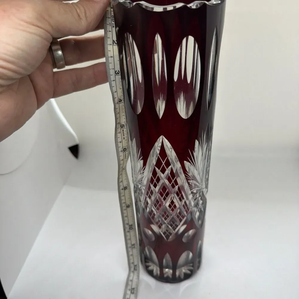 Vintage Bohemian Cut to Clear Ruby Red Cylinder Vase  12 Inches